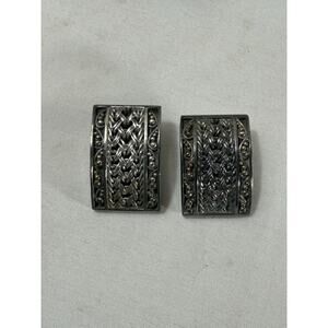 VINTAGE LOIS HILL STERLING SILVER RECTANGLE BRAIDED BEAD OMEGA CLIP-ON EARRINGS